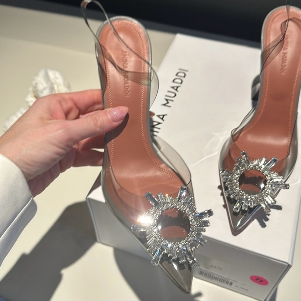 Amina Muaddi Stunning Slingback Heels with Crystal Embellishment - Picture 2 of 8